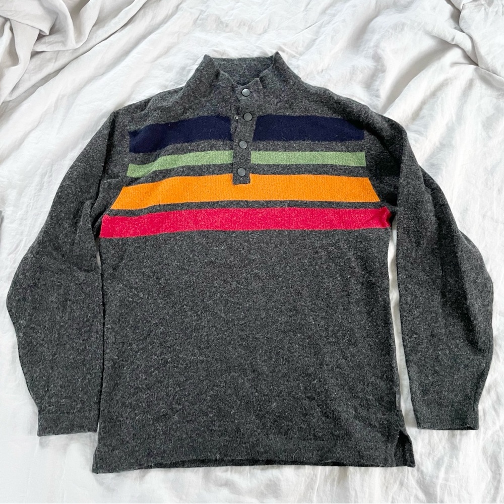 Woolrich Lambswool Half-snap Blanket Stripe Sweater Charcoal rainbow stripes
